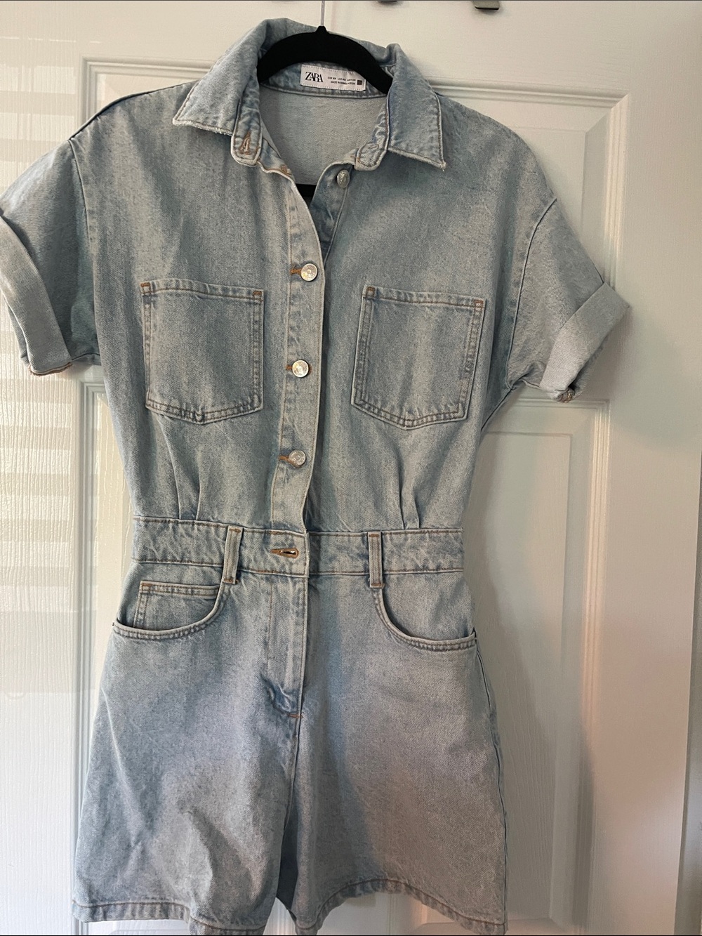 Zara Pale Blue Short Sleeve Denim Romper